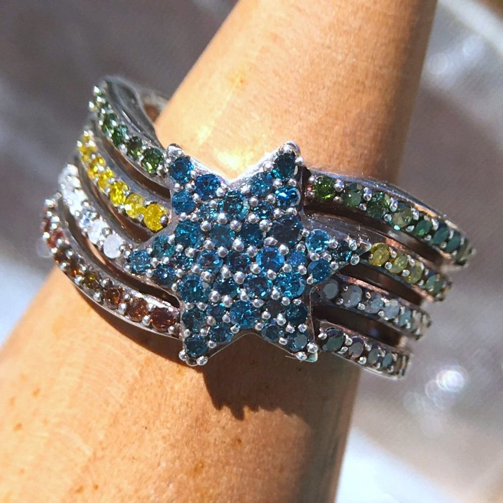 Genuine Diamond .925 Star Ring Blue Red Yellow Green Sterling Silver Sizes 6 & 7